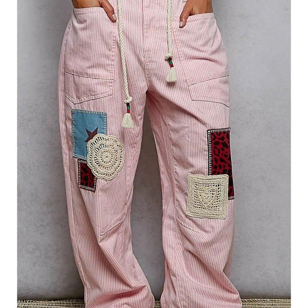 907. POL - Twill Denim Patchwork Straight Pants - Pink Striped